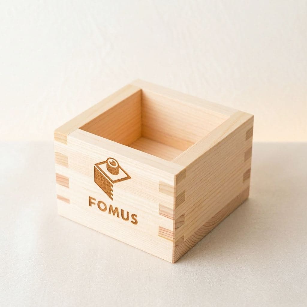 ロゴ焼印入りのFOMUS枡